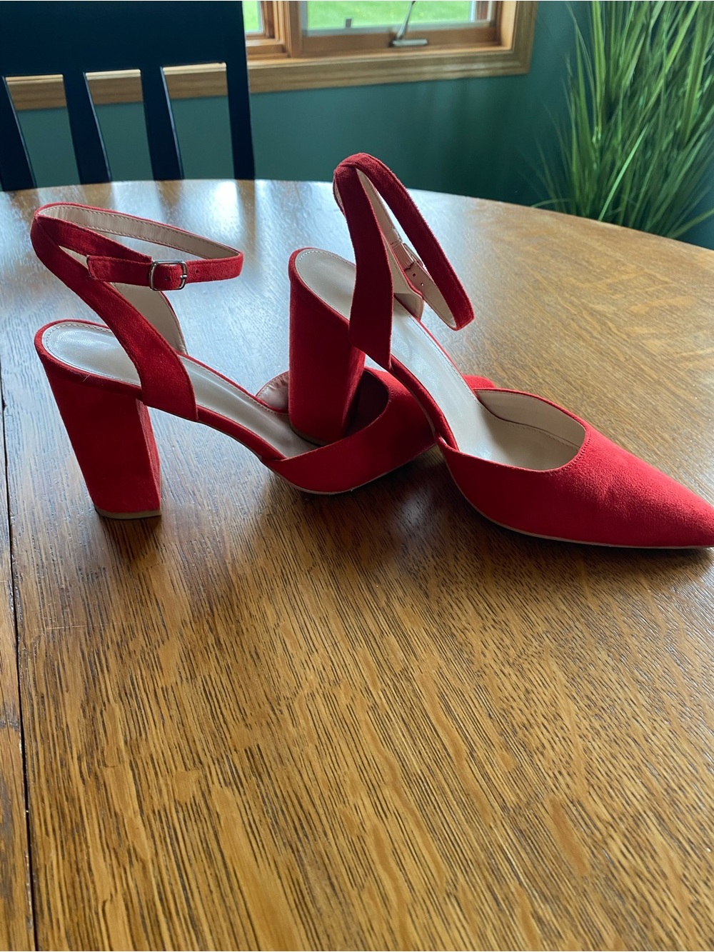 Red Block Heel Ankle-Strap Pumps